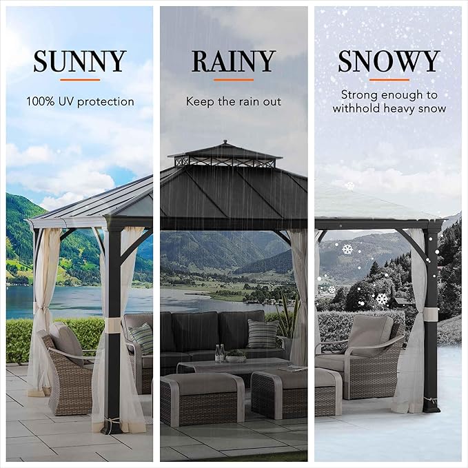 Sunjoy Hardtop Gazebo 11 x 13 ft. Outdoor Patio Black Metal Gazebo with Double Tiered, Ceiling Hook and Mesh Netting, Black