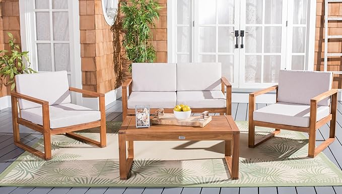 SAFAVIEH Outdoor Collection Emiko Natural/Light Grey Cushion Solid Wood 4-Piece Conversation Patio Set