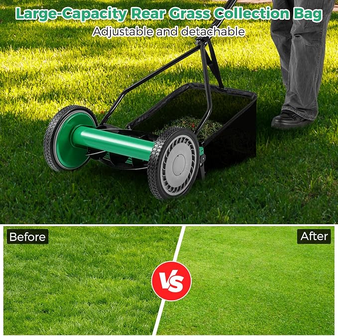 Push Lawn Mower, 14" Manual Rear Mower with 5 Steel Blades, Adjustable Cutting Heights & Grass Catcher Bag, Walk-Behind Grass Cutter Lawn Sweeper for Garden, Park & Yard (Green)