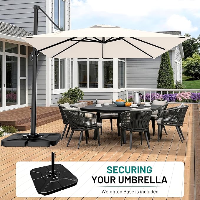 AreShark 9 × 9FT Square Cantilever Patio Umbrella with Base Included, 360° Rotation Offset Outdoor Umbrella, 5 Tilt Settings Heavy Duty Hanging Parasol for Deck Garden Pool, Cream White