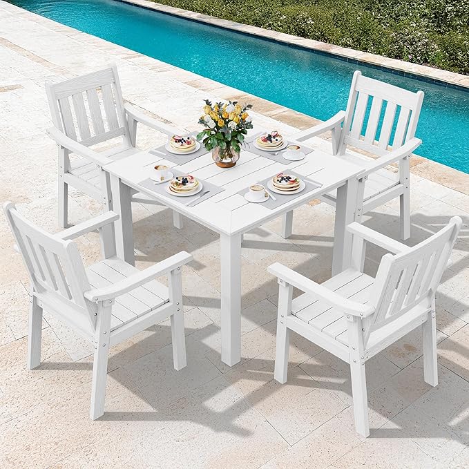 YEFU HIPS Patio Table Set: 5 Piece Outdoor Square Table and Chairs with Metal Aluminum Frame - White Modern Plastic Patio Dining Furniture Set 4 Person for Outside Deck