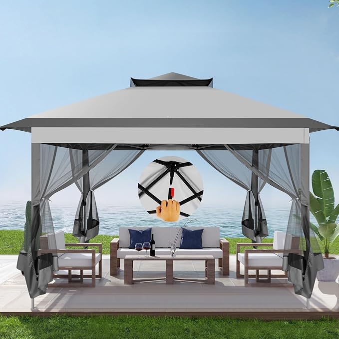 COBIZI 11x11 Pop Up Canopy One-Push Canopy Tent, Carpas para Patio, Outdoor Gazebo Shelter with Double Roof and Mosquito Net of Shade for Lawn, Garden, Backyard and Deck, Gray (Upgraded 2.0)
