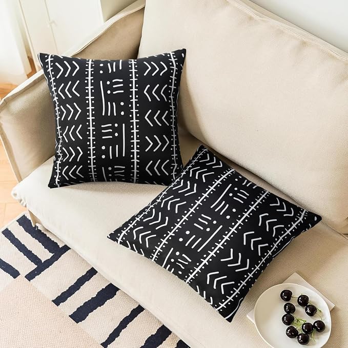 Merrycolor Set of 2 Outdoor Waterproof Throw Pillow Covers Black and White Pillow Covers Geometric Decorative Square Pillowcases Farmhouse Boho Outdoor Pillows for Patio Furniture 18x18 Inch