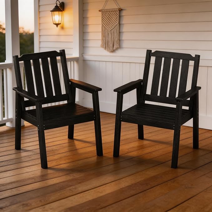 Takywep 23.9” Wide HDPE Patio Dining Chairs Set of 2, 650LBS Capacity All-Weather Yard Armchair with Slatted Seat, Heavy Duty Modern Backyard Furniture for Garden, Poolside, Deck, Black