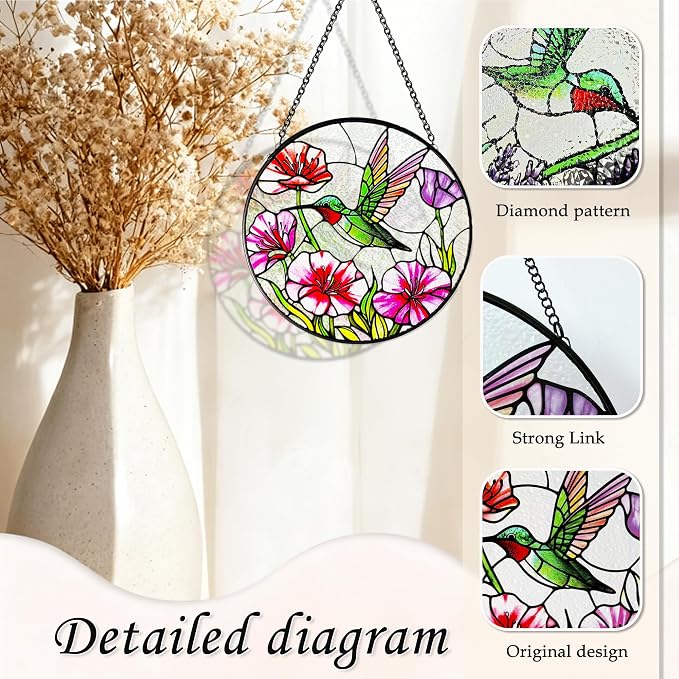 Hummingbirds Suncatcher Stained Glass, Hummingbird Suncatcher Ornament, Hummingbird Suncatcher for Grandma/Mom/Women (Red Flower Bird)