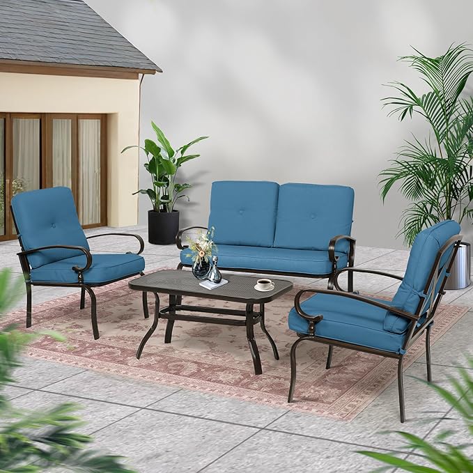 Incbruce 4Pcs Outdoor Metal Furniture Sets Wrought Iron Patio Furniture Conversation Set (Loveseat, Coffee Table, 2 Chairs) - Steel Frame Patio Seating Set with Peacock Blue Cushions