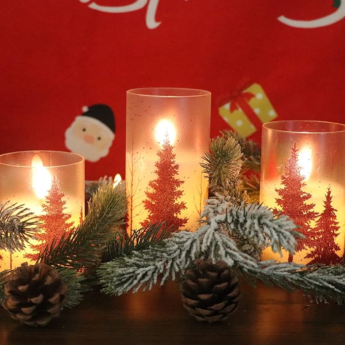 Wondise Glass Flameless Candles with Remote and Timer, Battery Operated Pine Tree Decals Pillar Candles for Home Decoration, Set of 3(D3 x H4/5/6 Inch)
