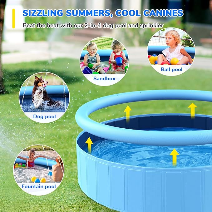 87'' Foldable Dog Pool, Sprinkler Pool for Kids, Non-Slip Heavy Duty Dogs Splash Pad for Small Dogs, Hard Plastic Kiddie Bathtubs for Backyard