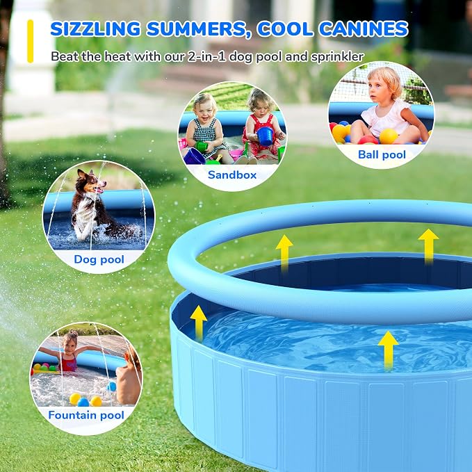 107'' Foldable Dog Pool, Extra Large Sprinkler Pools for Kids, Non-Slip Heavy Duty Dogs Pool for Large Dogs, Hard Plastic Kiddie Bathtubs for Backyard(9ft)