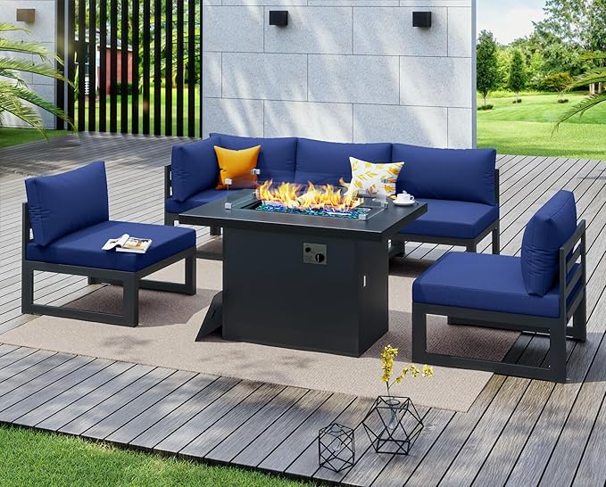 NICESOUL® 6 Piece Modern Extra-Large Aluminum Outdoor Patio Furniture Set with Firepit Table Propane/Natural Gas, 500lbs Heavy Duty 29'' Deep Wide Conversation Sofa for Backyard Garden Deck, Navy Blue