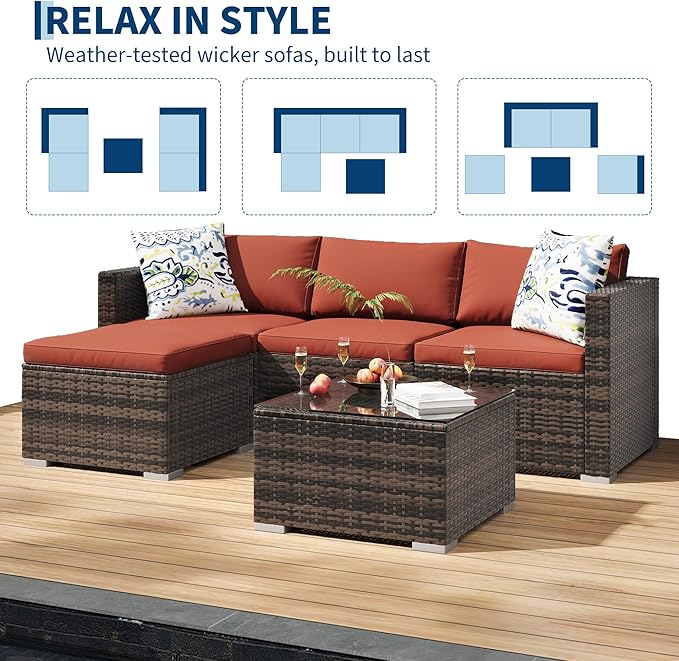 5-Piece Outdoor Sectional Sofa Set, All-Weather PE Rattan Patio Furniture with Ottoman & Tempered Glass Table, Convertible Garden Couch for Backyard, Porch, Poolside (Brown/Wine Red)