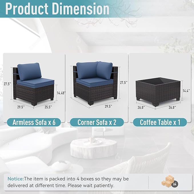 ALAULM 9 Pieces Patio Furniture Set Wicker Patio Conversation Set, Outdoor Sectional Furniture w/Coffee Table & Washable Seat Cushions-Dark Blue