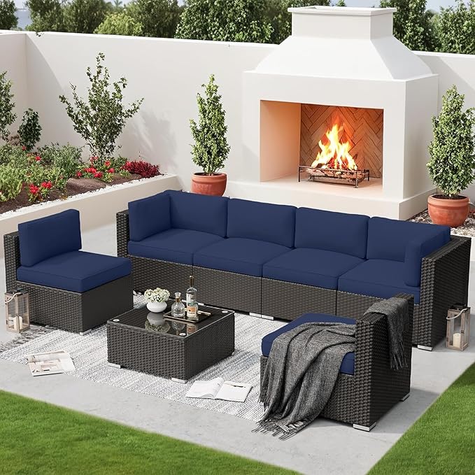 SUNCROWN 7-Piece Outdoor Patio Furniture Sofa Set All-Weather Wicker Sectional Cushioned Set with Modern Glass Coffee Table, Cushions and A Waterproof Cover(Dark Blue)