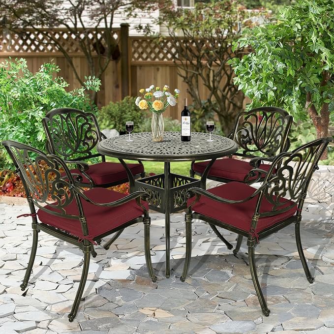 5-Piece Outdoor Patio Dining Set, All-Weather Cast Aluminum Patio Furniture Set for Backyard Garden Deck with 4 Chairs, 4 Cushions and 35.4" Round Table, 2" Umbrella Hole, Red