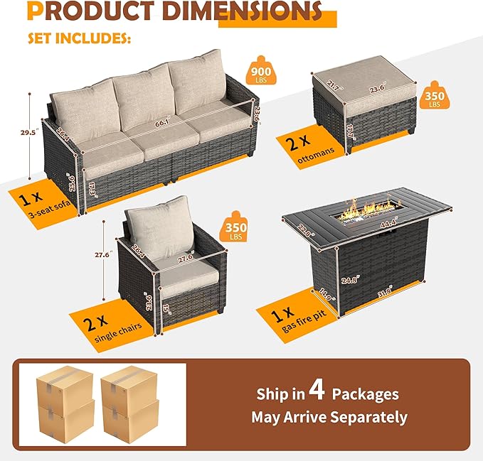 UDPATIO Patio Furniture Set with 44" Fire Pit Table, 6 Pieces Outdoor Sectional Conversation Sets, All-Weather Wicker Rattan Sofa Ottoman with 4" Thick Cushion for Garden Backyard Deck, Khaki