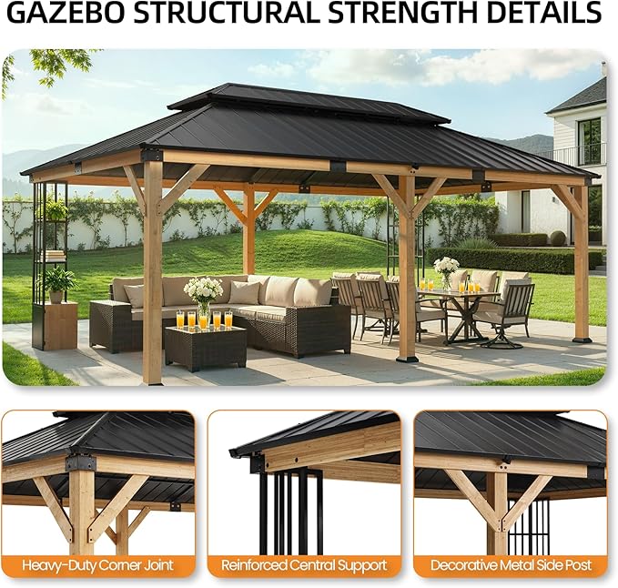 ALAULM 12'x20' Hardtop Gazebo, Outdoor Wood Pergola with Double Metal Roof Metal Corner Frame Shelves Storage,Outdoor Pavilion for Patio, Backyard, Deck,Natural