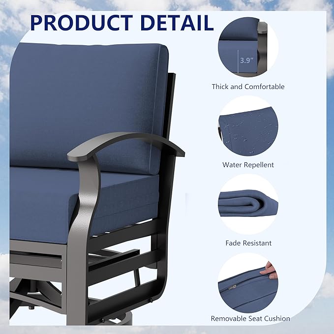 3 Piece Aluminum Swivel Rocking Chair Set, Outdoor Patio Swivel Gliders Chair with Glass Top Coffee Table, Conversation Furniture Set Suitable for Patio, Lawn, Outdoor, Back Garden(Dark Blue)