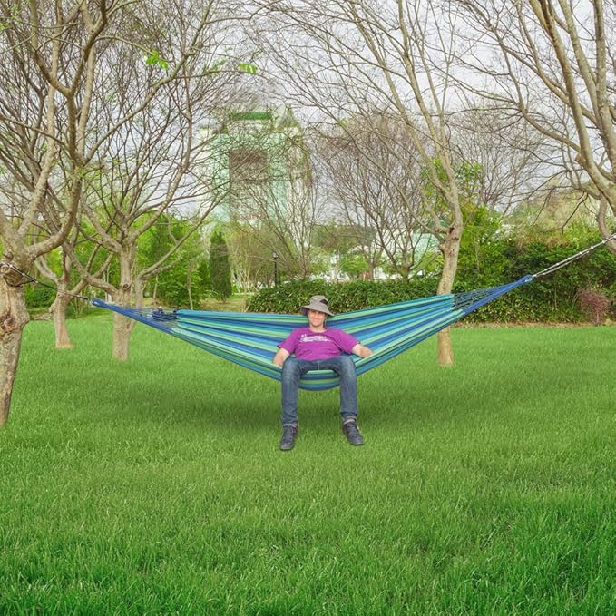 ONCLOUD Extra Long and Wide Double Hammock for Travel Camping Backyard, Porch, Outdoor or Indoor Use, Carrying Pouch Included (Blue/Green Stripes)