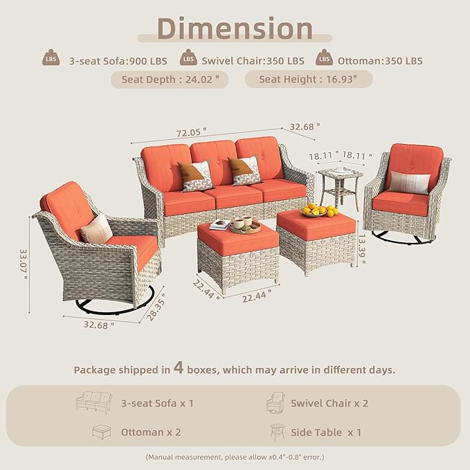 6-Piece Patio Furniture Set, Outdoor Conversation Set Sectional Sofa with Rocking Chairs and Water Resistant Cushions, Red