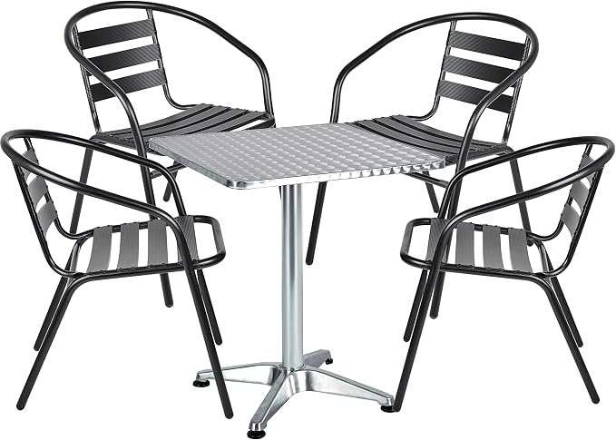 BTEXPERT Indoor Outdoor Restaurant Stainless Steel Metal Aluminum Slat Stack Commercial Lightweight, 4 Chairs with a 27.5" Square Table, Silver/Black