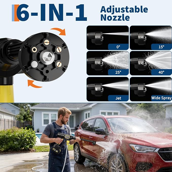 Garvee Cordless Pressure Washer 20V, 320 PSI Brushless Portable Power Washer with 6-in-1 Nozzle, Foam Cannon, 26ft Hose, Battery & Charger