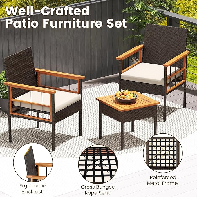 Tangkula 3 Piece Outdoor Wicker Conversation Furniture Set, Patio Rattan Cushioned Chair & Side Table Set with Acacia Wood Tabletop & Armrests, for Backyard, Porch, Balcony