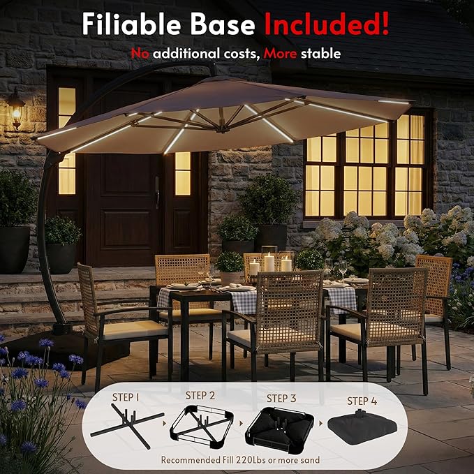 12FT Solar Powered LED Light Cantilever Patio Umbrella with Base Included, Large Cantilever Umbrella with 360°Rotation, Heavy-Duty Offset Outdoor Umbrella for Patio,Pool,Backyard (Champagne)