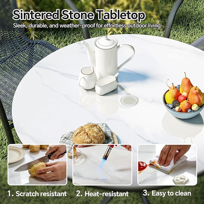 ZL ZELing Outdoor Round Patio Table Top with Umbrella Hole - 39.37 Inch Sintered Stone Dining Table for Outdoor Patio, Weather-Resistant Slate Countertop Replacement for Garden, Deck, Bar