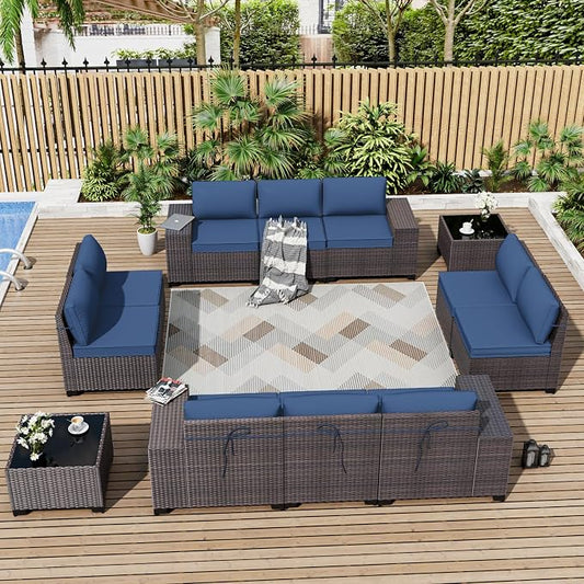 ALAULM 12 Pieces Outdoor Patio Furniture Set Sectional Sofa Sets Brown PE Rattan Patio Conversation Set w/10 Dark Blue Seat Cushions and 2 Coffee Tables