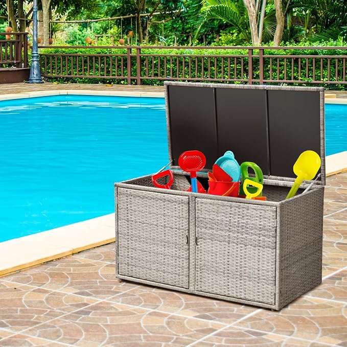 Giantex Rattan Deck Box Outdoor&Indoor 88 Gallon Wicker Storage Box W/Separate Storage Shelf, Openable Door and Tools Storage for Patio,Garden, Balcony, Porch, Yard Rattan Storage Box (Gray)