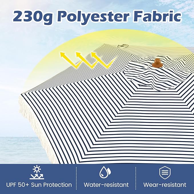 HAPPYGRILL 7 FT Patio Umbrella with Fringe, Outdoor Tassel Umbrella w/Sun-Protective Polyester Canopy, Wood-like Aluminum Pole, Air Vent, Boho Market Table Umbrella for Beach Backyard Poolside
