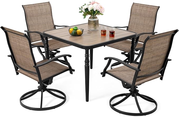 NUU GARDEN 5-Piece Outdoor Dining Set for 4, Metal Square Table with Umbrella Hole and Wood-Grain Top with 4 Patio Swivel Rocking Textilene Chairs for Porch Backyard Garden Poolside Black Brown
