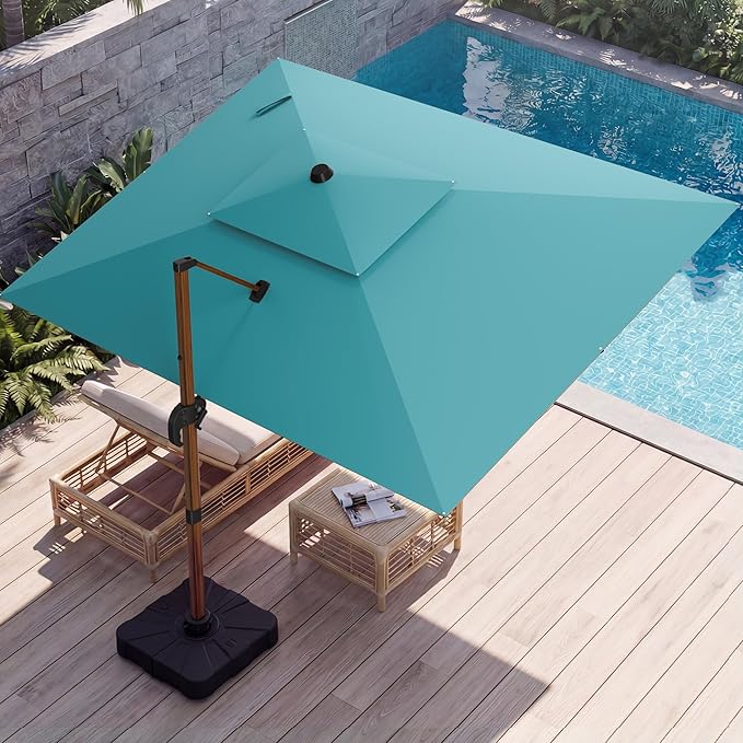 10x13 FT Wood Pattern Patio Umbrella with Base, Large Deluxe Cantilever Rectangular Double Top Heavy Duty Offset Umbrellas with 360° Rotation, Outdoor shade for Garden Pool Patio, Turquoise
