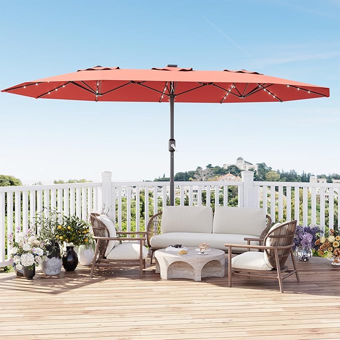 Garvee 15 ft Rectangular Patio Umbrella with Base Included - Large Patio Umbrella with Crank Handle 36 LED Lights, UV Protection for Outdoor Market, Backyard, Deck, Pool, Red