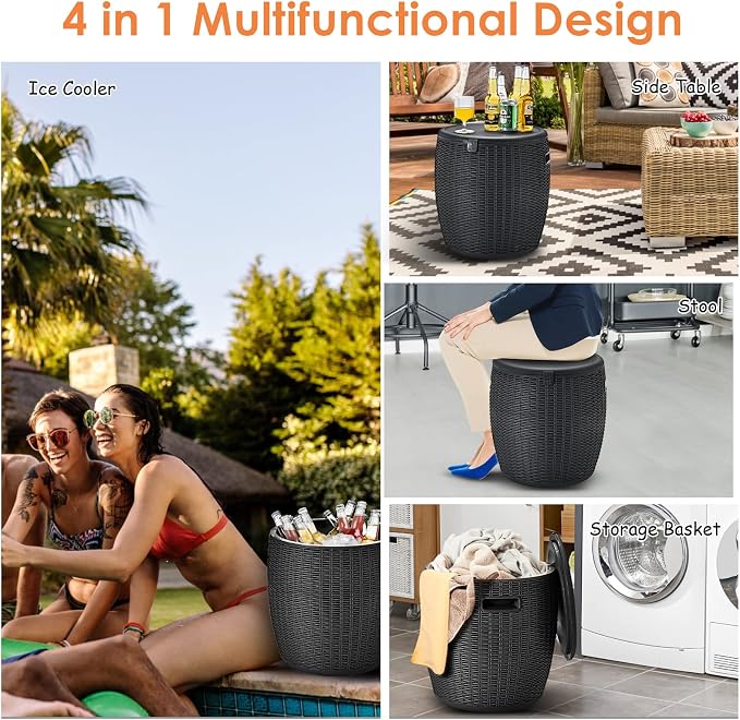Tangkula 9.5 Gal Cooler Bar Table, Patio Wicker Ice Cool Bar Table, Outdoor Rattan Bar Table with Ice Bucket, Ice Bucket with Side Handles & Lid, Beer & Wine Cooler for Party, Poolside, Deck, Yard