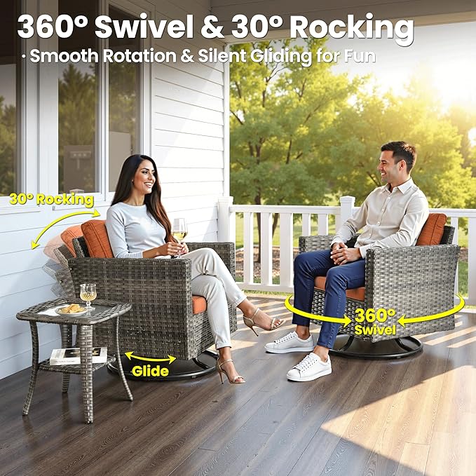 ovios 7 Pieces Patio Furniture Set, Outdoor Wicker Sofa Couch with Swivel Chairs, Rocking Glider Rocker with Comfy Cushions All Weather Rattan Conversation Set, Orange Red
