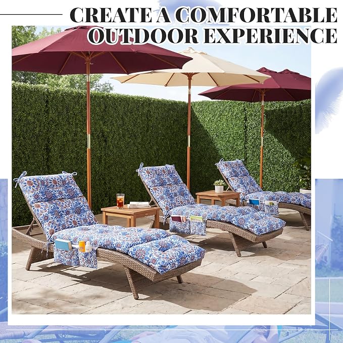 Kigley 2 Pcs Outdoor Chaise Lounge Cushions with 3 Side Pocket 74.5 x 22 x 4.7 Inch Patio Chaise Lounge Cushion, Water-repellent and Fade-resistant Tufted Summer Replacement(Navy Blue Retro