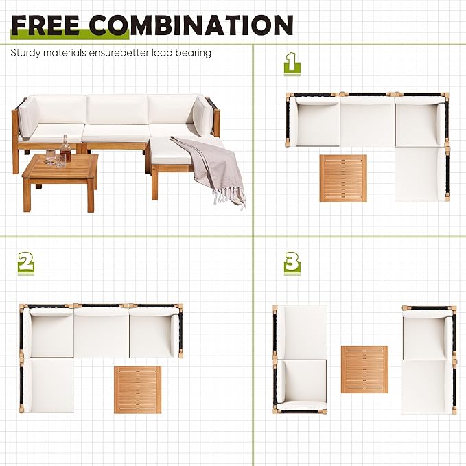 Greesum 5 Pieces Patio Furniture Set Acacia Wood Outdoor Conversation Sets with Tea Table for Garden Porch and Backyard, Beige