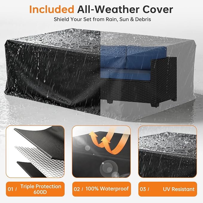 LazySunsets 1-Piece Outdoor Patio Furniture Set, Rattan Outdoor Sectional with Thick Waterproof Cushions, Wicker Ottomans & Waterproof Cover, Patio Conversation Set for Garden, Backyard, Navy Blue