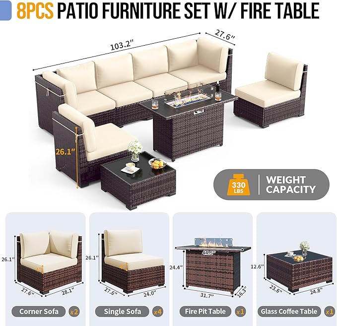 Outdoor Patio Furniture Set with 44" Fire Pit Table 8 Pieces Rattan Patio Sectional Sofa Conversation Set w/55000 BTU Propane Gas Fire Pit, Coffee Table, 2 Waterproof Covers, Khaki