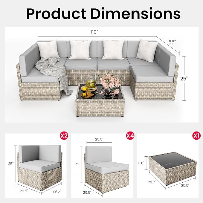Pamapic Patio Furniture Set, 7 Pieces Modular Outdoor Sectional,Wicker Patio Sectional Sofa Conversation Set, Rattan Sofa with Coffee Table and Washable Cushions Covers, Grey Rattan(Grey Cushions)