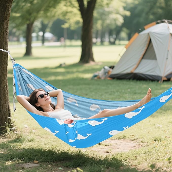 Camping Hammock Outdoor Hammocks for Outside Blue White Whales Beach Trees Portable Lightweight with Pockets Tree Straps Indoor Small