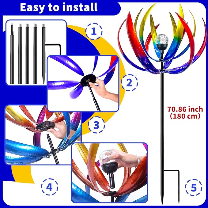 70 in Large Wind Spinners Outdoor, Solar Wind Sculpture, Violet Blue | Metal Windmill with Solar Multi-Color Light, All Weather Decor , Ideal Yard Art for Garden, Backyard, Lawn & Outdoor Decor
