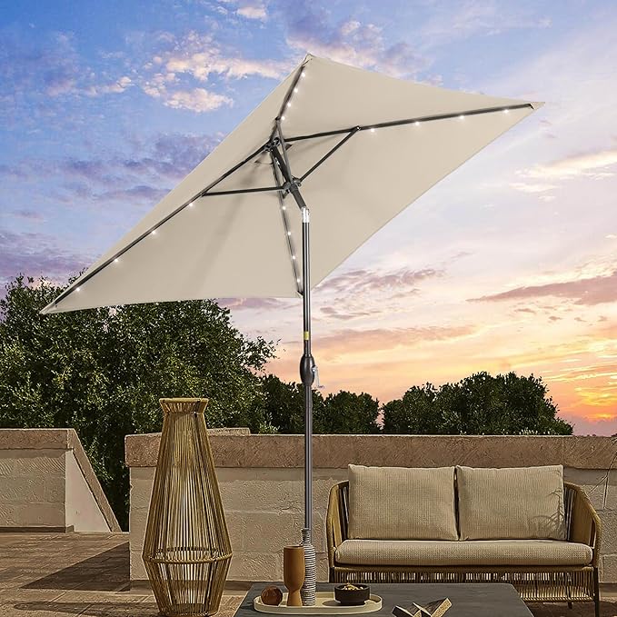 Square Patio Umbrella With Solar Lights, 6.5x6.5ft Square Umbrella Outdoor Patio with Tilt and Crank for Pool, Deck, Garden,Backyard
