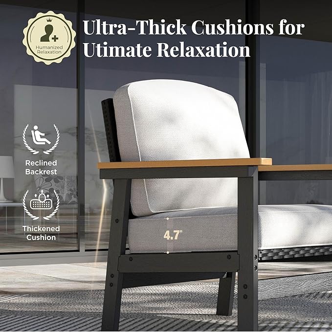 4-Piece HDPE Outdoor Patio Conversation Set, Wicker Patio Conversation Furniture Set with Fire Pit, Patio Sectional Furniture Sets with Thick Cushions for Backyard, Deck, Garden - Black