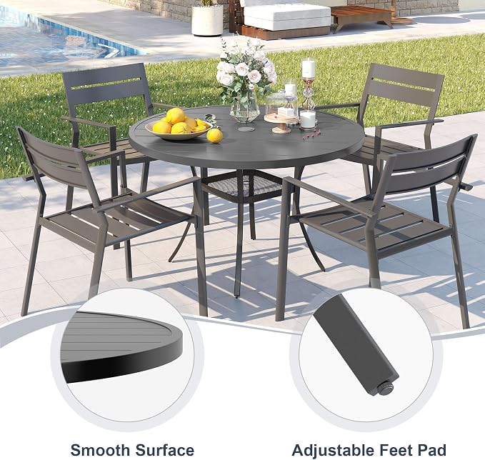 VICLLAX Patio 5 Pieces Outdoor Dining Set, Wrought Iron Metal Outdoor Table and Chairs Set, 40.6" Round Table with Umbrella Hole and 4 Stackable Chairs for Lawn, Garden, Porch, Dark Grey/Black