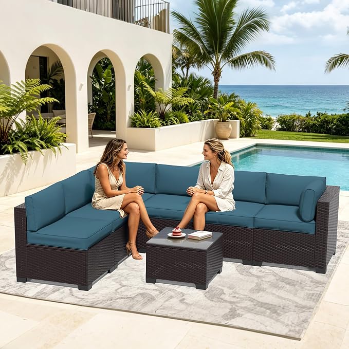 7 Pieces Outdoor Patio Furniture Set, Wicker Modular Sectional Sofa, All Weather Conversation Sets with Glass Table for Yard, Garden, Poolside, Dark Brown Rattan & Peacock Blue Cushions