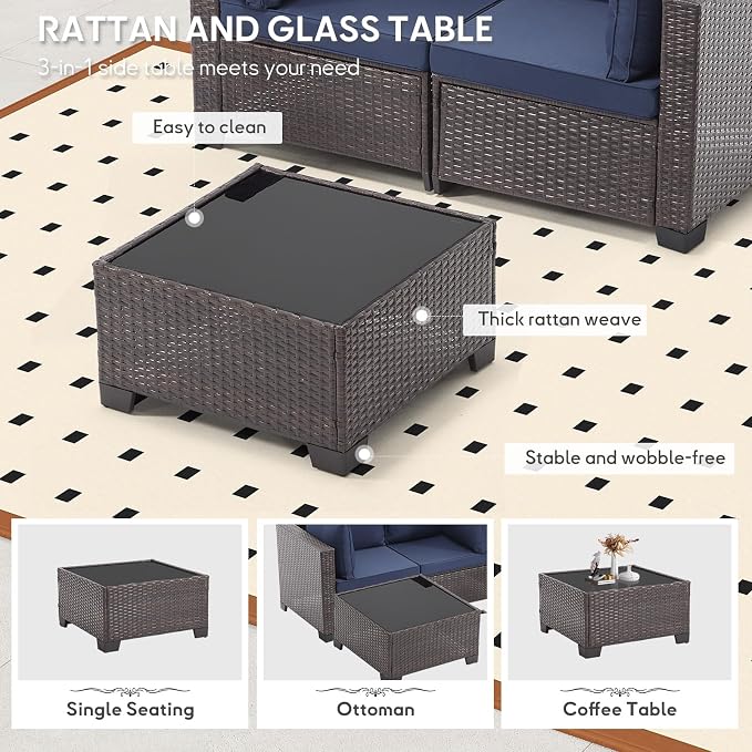 Bonzy Home 3 Pieces Outdoor Patio Furniture Set, PE Rattan Outdoor Sectional Furniture Sofa Set with Removable Cover and Glass Coffee Table, Patio Sofa for Balcony, Porch, Garden, (Brown-Navy Blue)