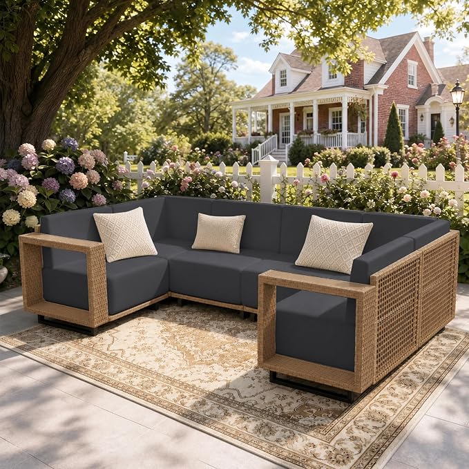 LazySunsets Patio Furniture Set, 6 Pieces Wicker Outdoor Sectional Sofa with 10'' Ultra-Thick Cushions & Ottomans, All-Weather Rattan Conversation Set for Backyard Poolside, Yellow/Dark Gray