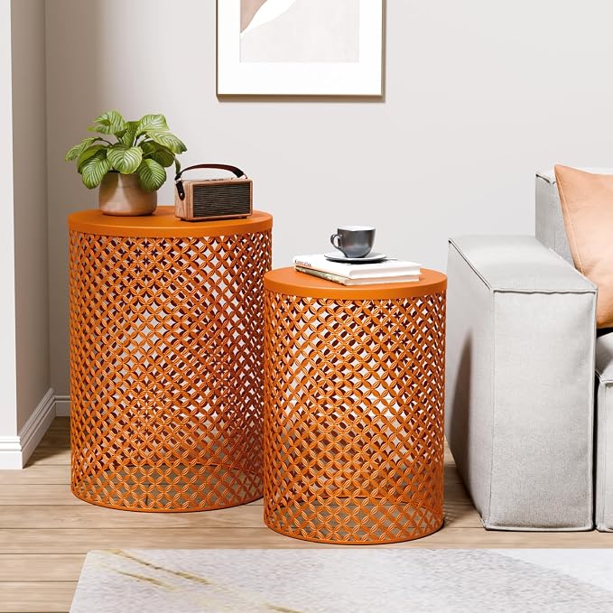 ChicFurnit Outdoor Side Table Set of 2, Cylindrical Metal Frame End Table, Decorative Garden Stool for Indoor Outdoor, Accent Garden Table Modern Nesting End Table for Patio Balconies, Cafes, Orange